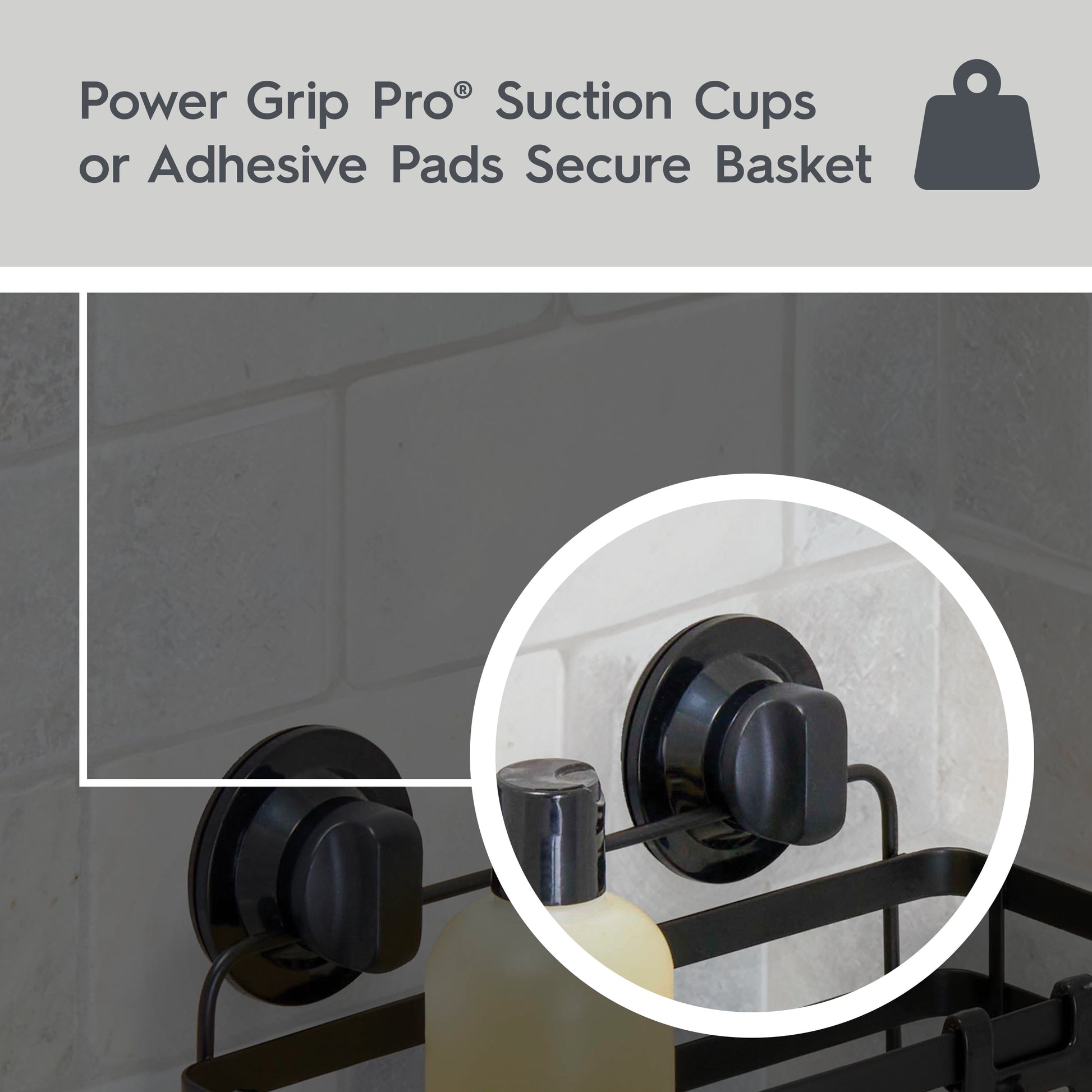 Adhesive or Suction Mount Shower Storage Basket, Matte Black