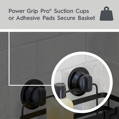 Adhesive or Suction Mount Shower Storage Basket, Matte Black
