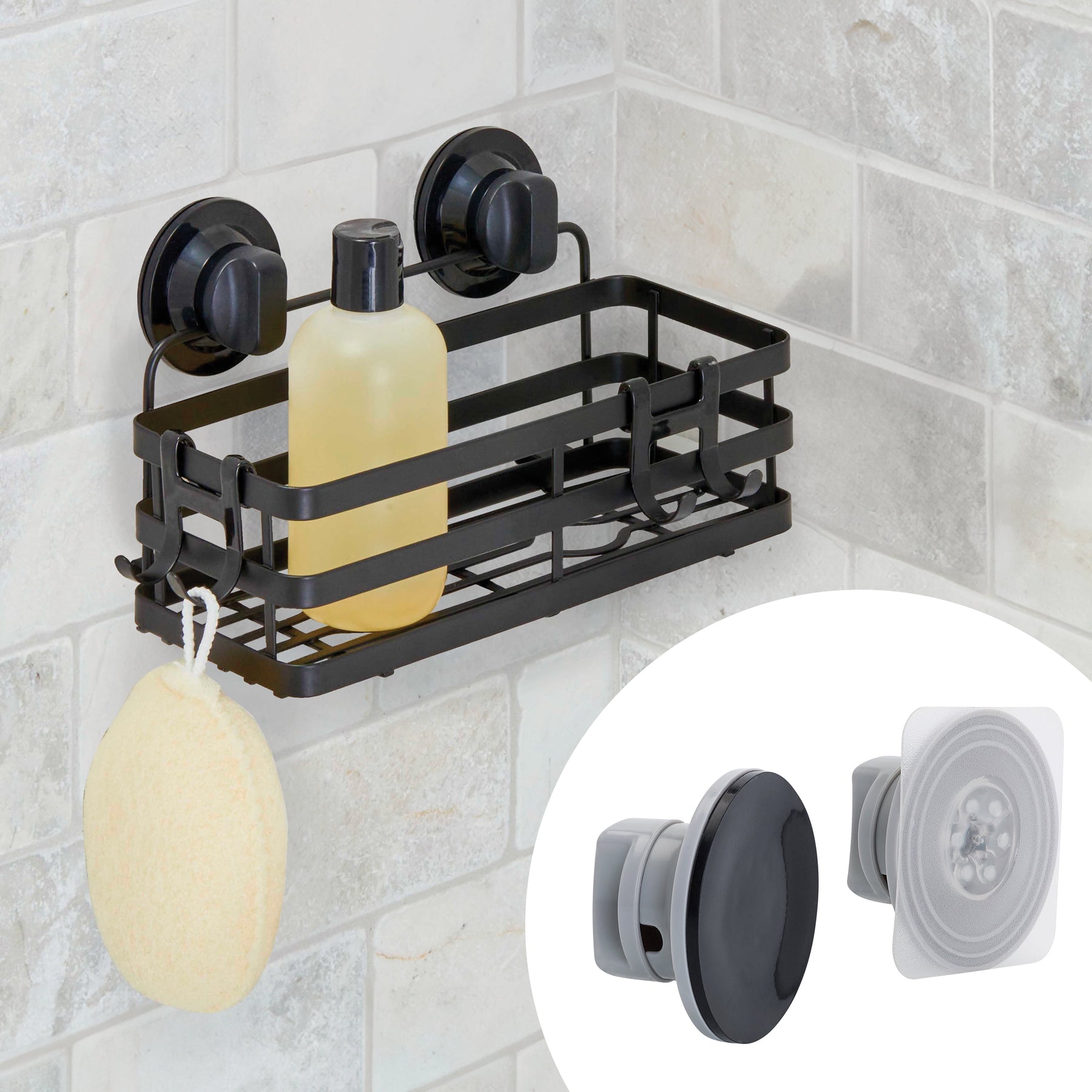 Adhesive or Suction Mount Shower Storage Basket, Matte Black